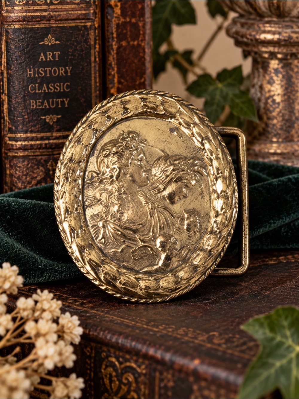 Art Nouveau Roman Goddess Cherub Ornate Brass Statement Belt Buckle Vintage